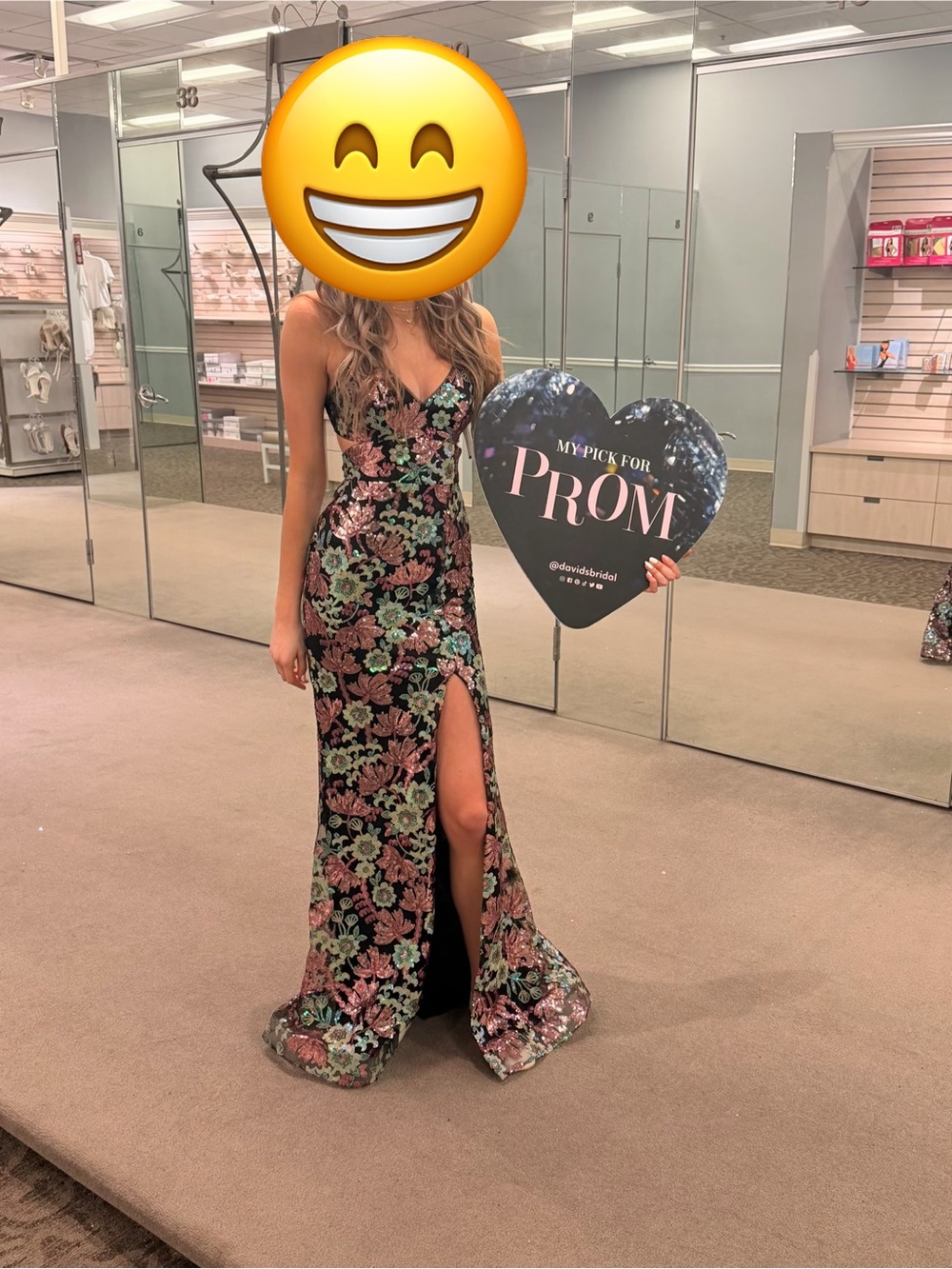 David's Bridal Black Sequin Floral Prom Dress with Pink and Mint